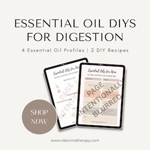 May include: Two digital tablets displaying essential oil guides for digestion and acne. The tablets are black with white borders and feature the text "Essential Oils" and "Natural Support for Clearer Skin." A circular button reads "Shop Now."