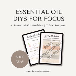 Może przedstawiać: Dwa tablety cyfrowe wyświetlające przewodniki po olejkach eterycznych. Tablety zawierają tekst "Essential Oils for Acne" i "Essential Oils for Aromatherapy". Obraz zawiera również tekst "Essential Oil DIYs for Focus" i przycisk "Shop Now".