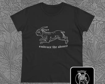 Camiseta "Abraza lo absurdo": camiseta de filosofía con ilustración de conejo medieval corriendo
