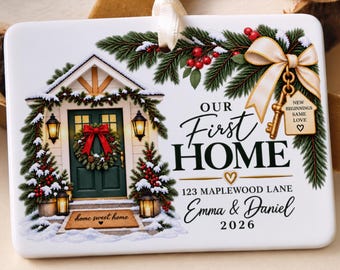 Ornement de Noël personnalisé pour la première maison, avec noms, adresse et année, souvenir en céramique pour la nouvelle maison
