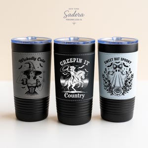 Laser Engraved Halloween Tumbler: Leather Wrapped Stainless Steel Mug