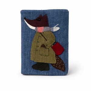 Handmade fox notebook cover A6 - cute animal fabric book sleeve - upcycled denim textile art - unique gift -one of a kind