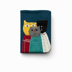 Handgjort A6 anteckningsblocksomslag med kattdesign, sött tygjournalomslag, quiltat lapptäcke, unik present till kattälskare