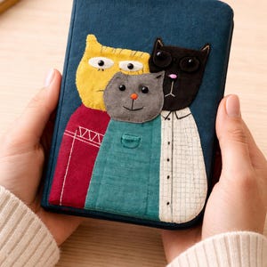 Funda para cuaderno A6 hecha a mano, estuche para diario con diseño de gato, agenda acolchada con patchwork, regalo para amantes de los gatos