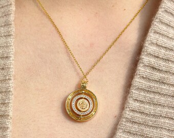 Fortune Tuner Necklace, Spinning “Fu” Pendant in Antique Gold, Chinese Luck Charm with Gemstones, Adjustable Energy Jewelry