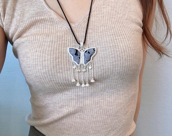 Chinese Miao Ethnic embroidery necklace–Chinese Hmong Tribal Silver Pendant| Ethnic Statement Jewelry – Gift for Her, Cultural Collectors
