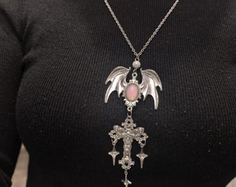 Gothic Demon Bat Cross Silver Necklace | Dark Wings Crucible Pendant Subculture Jewelry | Edgy Punk Statement Chain for Men Women