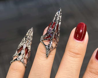 Punk Citadel Nail Ring One Pair, Gothic Articulated Spike Ring, Adjustable Knuckle Armor, Dark Academia Finger Jewelry