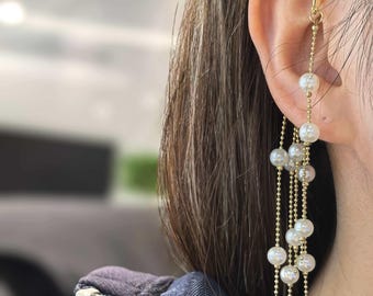 French Goddess Pearl Tassel Ear Cuff | No Piercing Earrings Long Short Fringes Sway | Adjustable | Sold Singly Asymmetric Elegance