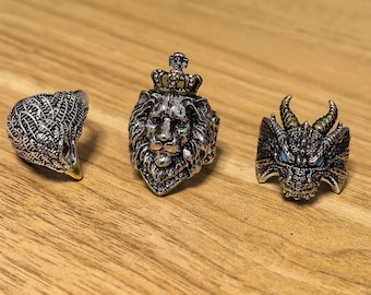 Vintage Beast Open Ring 3 Styles Lion Eagle Dragon | Adjustable Statement Band | Gothic Power Symbol Jewelry | Zodiac Animal Gift