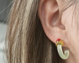 Oriental Trinity Hoops, Faux Jade Gold & Carnelian Earrings, Chinese Philosophy Jewelry, Lightweight Statement C-Circle