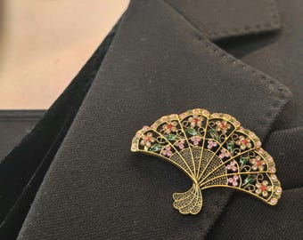 Vintage Fan Rhinestone Brooch | Colorful Crystal Pin for Blazer Cheongsam | Handmade Statement Jewelry for Women | Elegant Gift