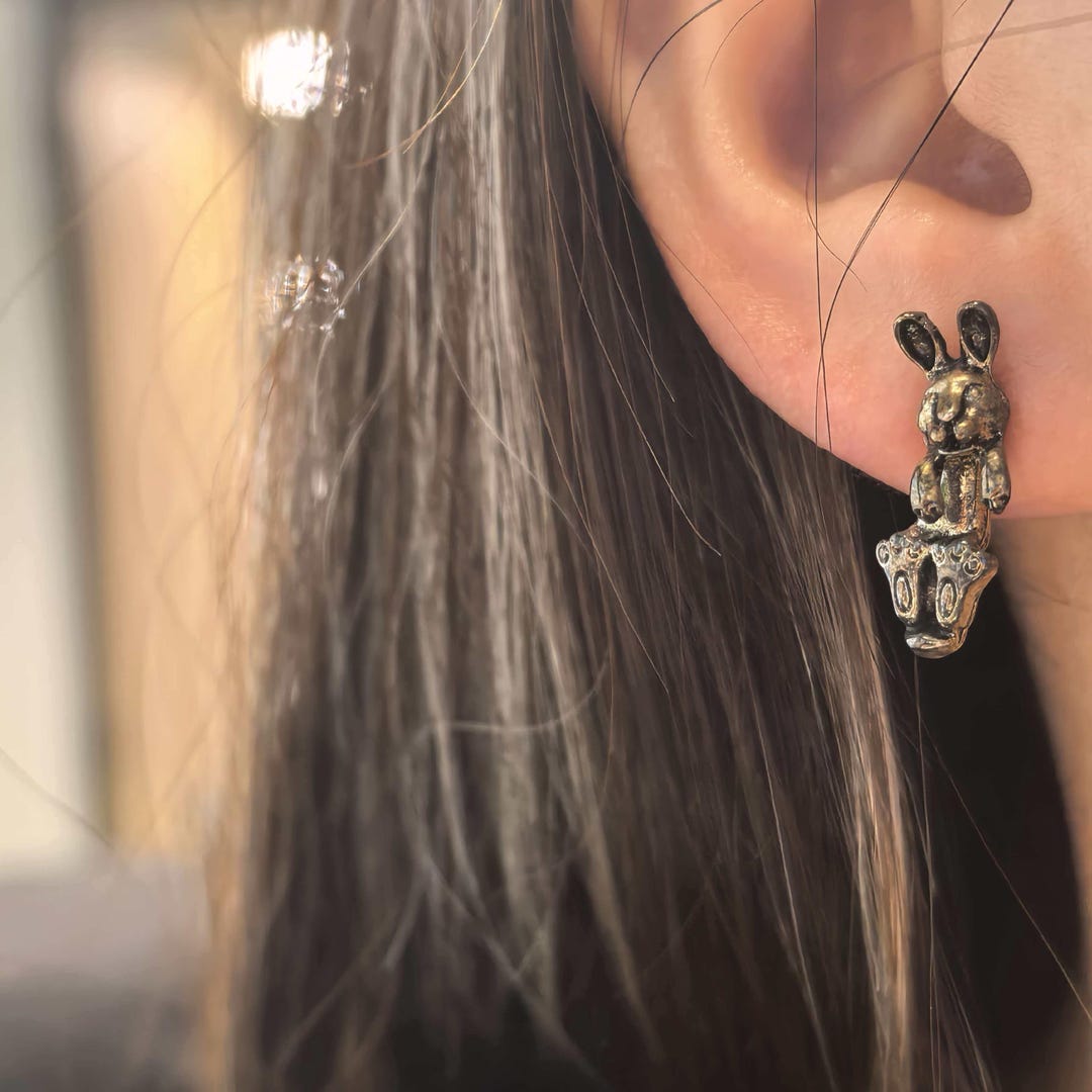 Bronze Rabbit Earring Handmade Vintage Rabbit Earrings 2-in-1 | Detachable Bunny Stud Dangle ...