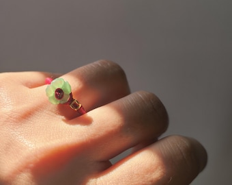 Wealth in Bloom Ring, Red String Coin & Flower Ring, Manifestation Jewelry, Chinese Knot Mini Ring, Dainty Adjustable Lucky Charm