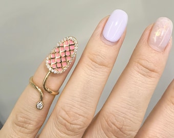 Pink Diamond Gauntlet Nail Ring, Adjustable Bling Nail Guard Ring, Trendy Nail Jewelry, Sweet Yet Edgy Statement Ring