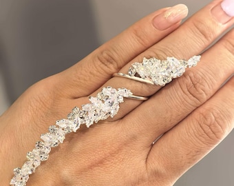 Leaf Full Diamond Open Ring | Zircon Leaf Vine Ring 8.5cm Long | Adjustable Nature Inspired Band | Unique Statement Jewelry Gift