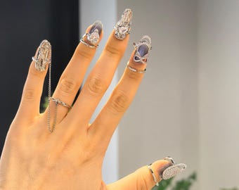 Nail Armor Ring, Handmade Crystal Finger Shield, Edgy Statement Ring for Nails, Adjustable Articulated Knuckle Ring