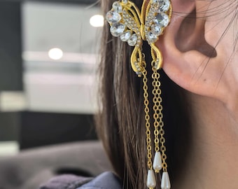 Fairy Butterfly Pearl Tassel Ear Cuff | Adjustable Ear Wrapper No Piercing Needed | Long Fringe Face Framing Jewelry| Sold Singly Left/Right