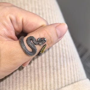 Pode incluir: Um anel de metal prateado em forma de serpente enrolada com uma superfície texturizada semelhante a escamas. A cabeça da serpente apresenta pequenos detalhes vermelhos nos olhos e a ponta da cauda é detalhada com pequenas saliências amarelas.