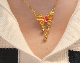 Metamorphosis Complete Necklace, Handmade Gold Butterfly Pendant, Dainty Wings Never Fold Necklace, Delicate Statement Gift for Her