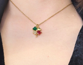 Four Leaf Clover Ruby Emerald Necklace |  Zircon Pendant 4 Petal Flower | Dainty Gold Chain Minimalist Jewelry | Lucky Charm Gift for Her