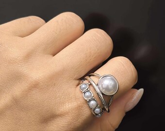 Vintage Triple Cross Faux Pearl Open Ring | Adjustable Round Band Distressed Finish | Retro Statement Jewelry for Women | Unique Gift