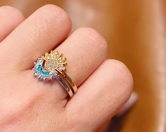 Sun Moon Couple Ring Best Friend Matching Rings | Vintage Sparkling Adjustable Open Band | Unisex Friendship Love Symbol Jewelry