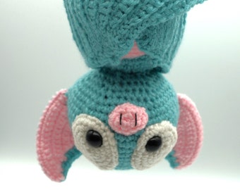 Sweet Big-Eyed Bat - Handmade Crochet Amigurumi - Teal Aqua Blue - Wings, bat ears
