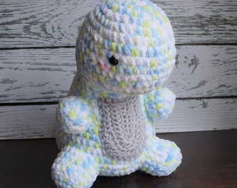 Large Chubby Dinosaur - Crochet Amigurumi, Handmade Plush Toy Godzilla - soft fuzzy speckled green blue white gray spikes pink cheeks