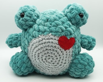Large Frog Squishpillow - Crochet Amigurumi, Handmade Plush Toy Frog Dinosaur - soft fuzzy teal green and gray with red heart