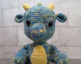 Sweet Blue Baby Dragon - Crochet Amigurumi, Handmade Plush Toy - soft speckled blues and yellow with green spikes