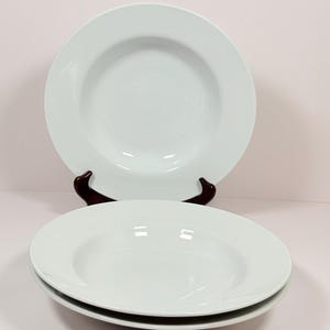 May include: A set of three white ceramic plates with wide rims and a deep, concave center. The plates are stacked, with one plate positioned upright on a dark brown display stand and two plates resting horizontally beneath it on a flat surface.
