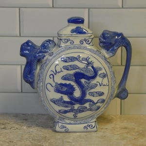 Vintage Blue and White Chinese Dragon Teapot