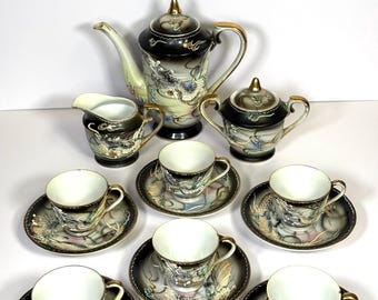 Vintage Lusterware Tea Set: Blue & Orange Cherry Blossom, 1930s