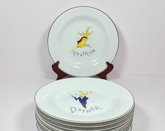 Pottery Barn Santa’s Reindeer 8.5” Salad Plates~ Complete Set of 8