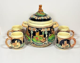 Vintage German Ceramic Punch Bowl Set ~ 1 Tureen & 4 Cups