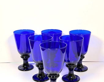 Set of 6 Vintage Cobalt Blue Wine Goblets