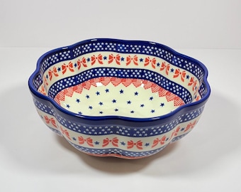 Vintage Bolesławiec Unikat 10” Scalloped Bowl ~ Kalich Polish Pottery