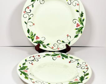 Vintage Hand Painted Holly Berry 11” Plates