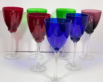Vintage Colored Wine Glasses ~ Sculptural Vibrant Palette Art Glass ~ Set of 7