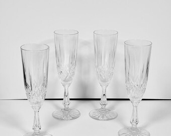 Vintage French Glass Cut Pattern Champagne Flutes ~ Set of 4