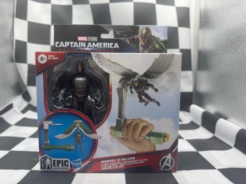 May include: A Marvel's Falcon action figure from the Epic Hero Series, featuring a detailed figure with wings and a flight control device. The packaging includes the Captain America: Brave New World logo and the Avengers logo.