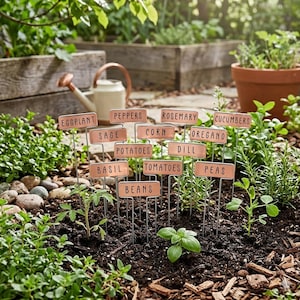 May include: A garden scene featuring metal plant markers with names like "Eggplant," "Peppers," and "Rosemary." The markers are placed in the soil among young plants. A watering can and raised garden beds are in the background.