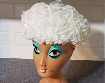 White Ruffle Pillbox Hat Vintage Pin Up VLV Formal