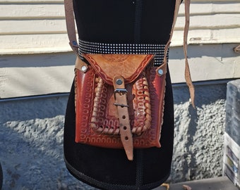 Vintage Tooled Leather Purse With Mayan Aztec Pattern Hippie Boho Festival Leather Pouch Purse