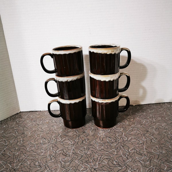 Vintage Mid Century Modern Coffee Mugs Stacking Drip Glaze Style Coffee Mugs
