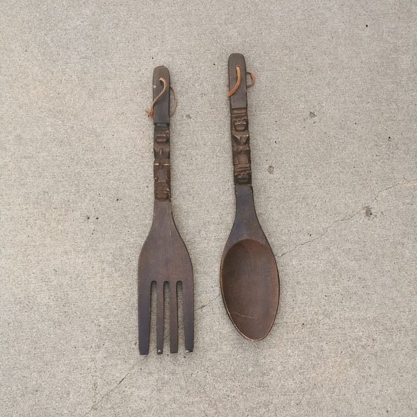 Giant Wooden Fork and Spoon Wall Decor 1970s Tiki Carved Wood