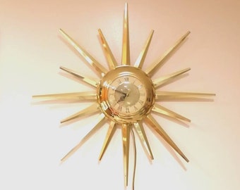 Vintage Sunburst Clock Mid Century Modern Sunburst Clock