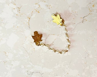 Vintage Sweater Clip Gold Tone Maple Leaf and Faux Pearl Sweater Guard Clip