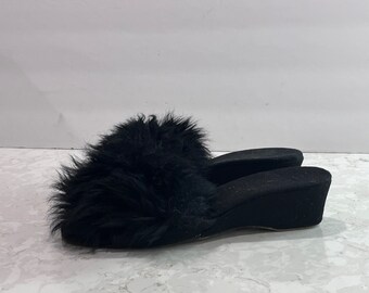 Fluffy wedge mule slippers sale